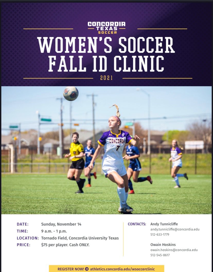CTXWSOC's tweet photo. βΌοΈ ANNOUNCEMENT βΌοΈ
We are pleased to announce we will be hosting a fall ID clinic here at @concordiatx on Sunday November 14th.
This is for players who are looking to play at the college level.
The link for registration will be posted below!
#TornadoNation πͺ https://t.co/83hpXtu7gR