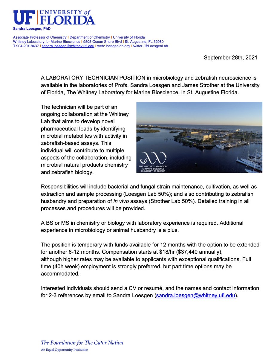 LoesgenLab's tweet photo. We have a full time Lab Technician position to fill @Whitney_Lab St Augustine FL working with zebrafish and natural products/microbiology (@StrotherLab @LoesgenLab). Great position for a BS or MS in Biology, Chemistry. Pls rt: https://t.co/DYjeEHMyCj https://t.co/iCK19jaNX6
