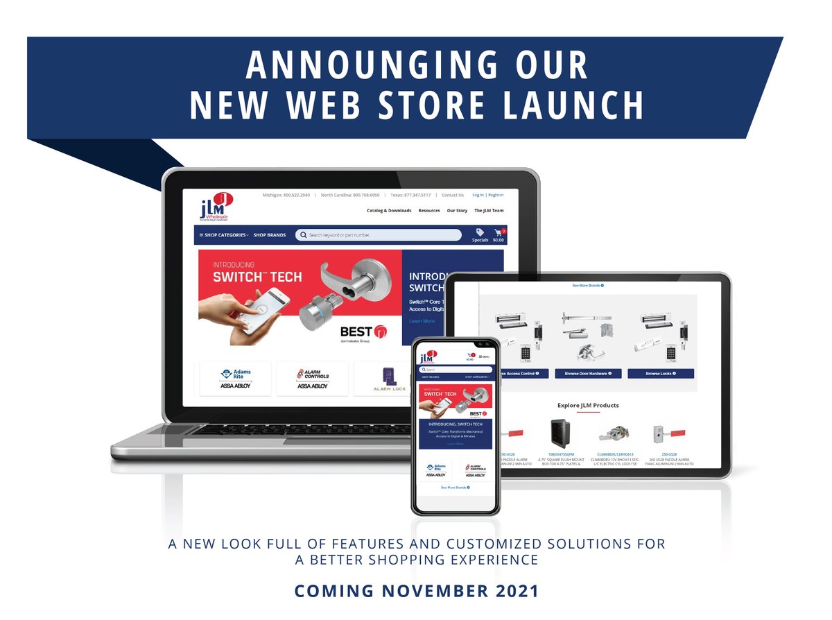 JLM_Wholesale's tweet photo. Announcing our new ecommerce site, coming November 1st, 2021. 

A fresh look created with your needs in mind for a better online shopping experience. 

#newwebsite #onlineshopping #securitydoorhardware https://t.co/scamjUe1gm
