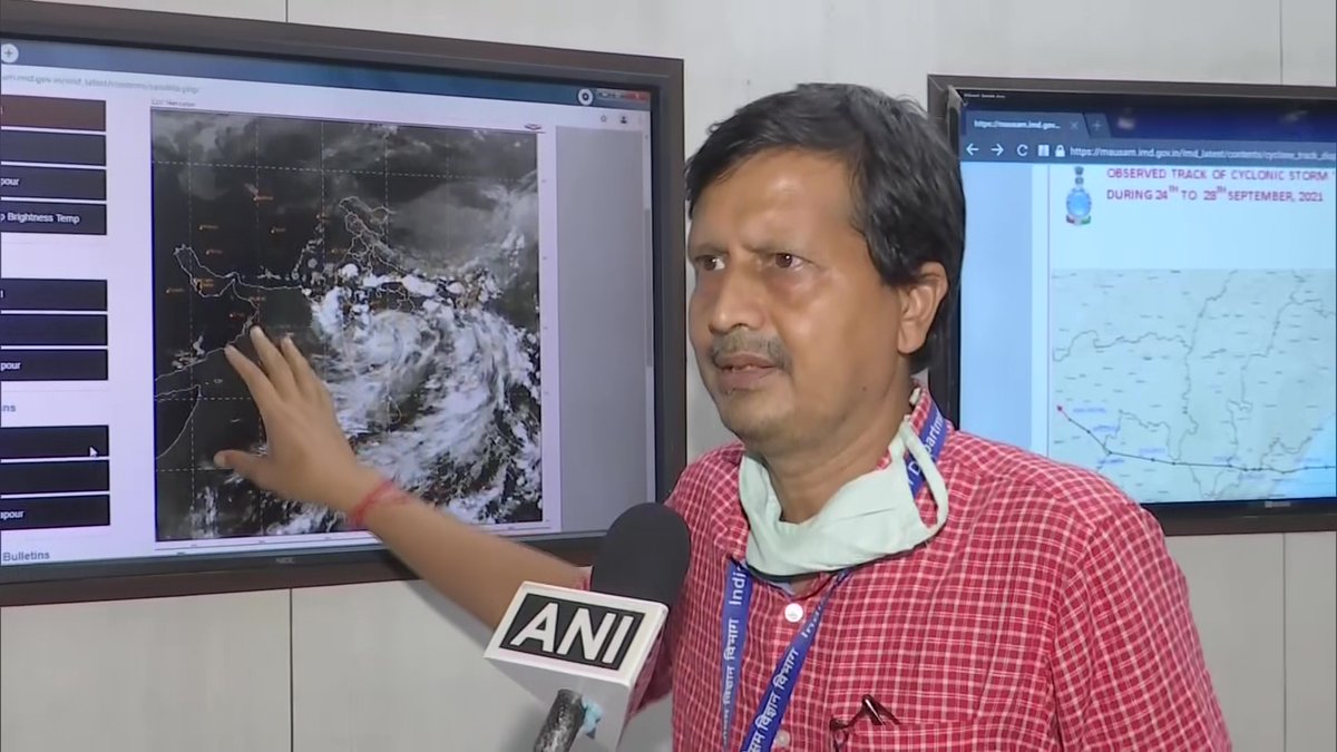 ANI's tweet photo. The low-pressure area created due to Cyclone Storm  Gulab is now in the Gujarat coast, Northeast Arabian sea and will intensify into a Depression by Sept 30. From Oct 1, it will become a new cyclone named 'Shaheen': RK Jenamani, senior scientist, IMD https://t.co/JynGdRi5i1