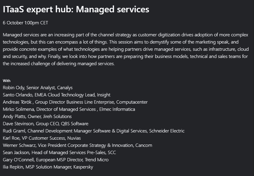 KarlJRoe's tweet image. RT @CanalysForums: Join Robin Ody for #CanalysForums21 ITaaS expert hub ‘Managed services’ along with these speakers. Want to be part of the discussion? Register now and book your seat!  
lnkd.in/dm5abRsu