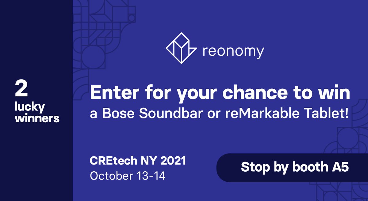 Will you be at CREtech NY Oct 13-14? Reonomy will be! Make sure to stop by the booth and enter for your chance to win a Bose Soundbar or reMarkable Tablet! Book a meeting today, come meet with us, and be entered to win! bit.ly/39KPgjs