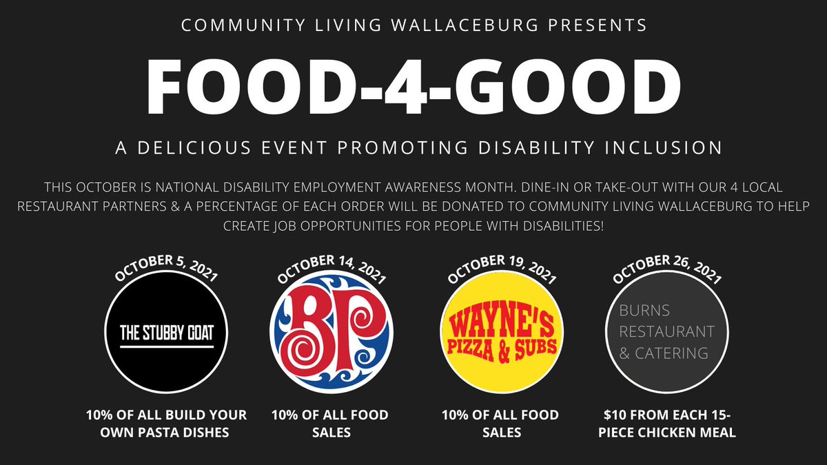 Looking for an excuse to get some delicious #local meals? 😋 Taste the impact by dining-in or taking-out with our 4️⃣ restaurant partners! A percentage of each order will be used to help create job opportunities for people with disabilities!🍂 Learn more: getintocommunityliving.com/food-4-good/