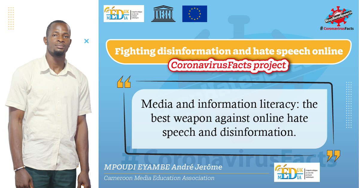 StopHate_Speech's tweet photo. Media and information literacy: the best weapon against online hate speech and disinformation.
--------------------------- @AndreMpoudi  from 𝐶𝑎𝑚𝑒𝑟𝑜𝑜𝑛 𝑀𝑒𝑑𝑖𝑎 𝐸𝑑𝑢𝑐𝑎𝑡𝑖𝑜𝑛 𝐴𝑠𝑠𝑜𝑐𝑖𝑎𝑡𝑖𝑜𝑛

#CoronavirusFacts
#StopHateSpeech
#EdukMedia https://t.co/O6tgCL1c0v