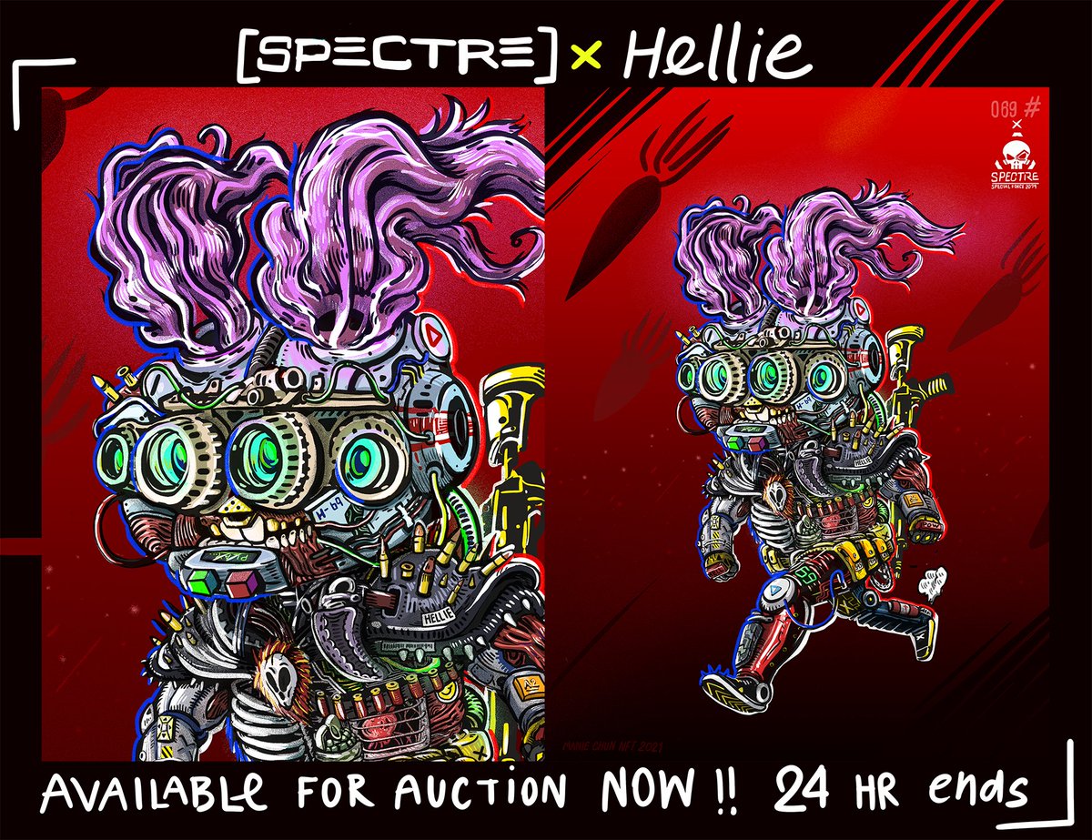 ChunManie's tweet photo. NOW AVAILABLE FOR AUCTION !!
RUN! Hellie RUN! x SPECTR3 by @artptwp 
NO. 069 
CHECK IT OUT HERE 👇
https://t.co/nU0sAoXfik
#NFTs #NFTartwork #NFTdrops #NFTCommunity #nftcollectors #NFTartists #ThaiNFT #Spectr3 #Hellie #Biorobotic #NFTアート #OpenSeaNFT 
🥕❌💀 https://t.co/ClY7VWTrSN