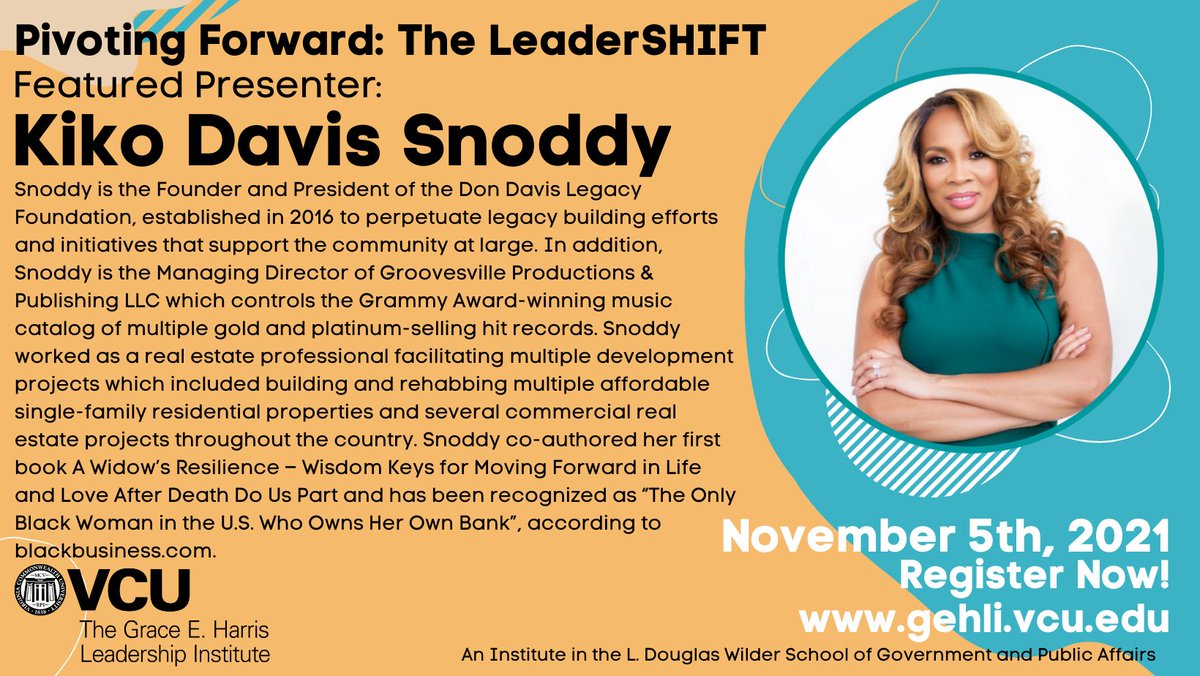 VCU_GEHLI's tweet photo. Leading up to our Annual HIGHER Ground Women's Leadership Conference on Friday, November 5th, we are highlighting our amazing guest speakers!
-
Meet Kiko Davis Snoddy!
-
#VCU #GHELI #TheLeaderSHIFT
Register here! https://t.co/tOTni5y5m5 https://t.co/jKNlURxV4P