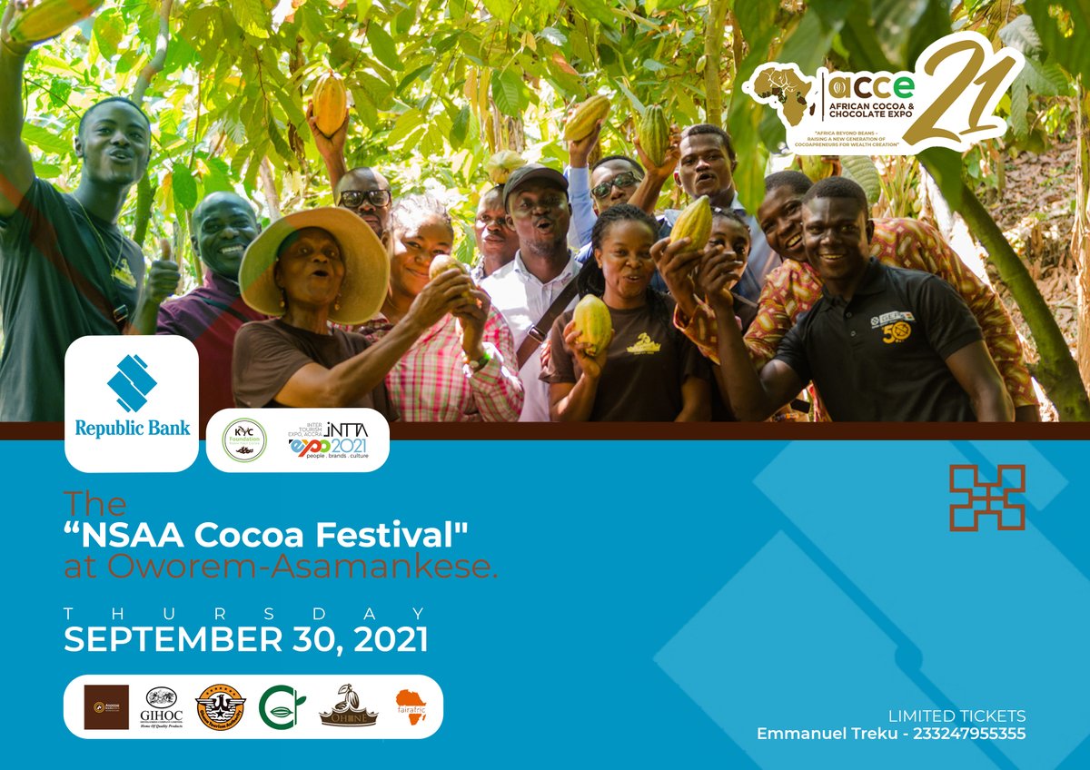 Know Your Cocoa Foundation in collaboration with Republic Bank and Inter Tourism Expo presents The Nsaa Cocoa Festival, happening live at Oworem-Asamankese tomorrow! Join us experience the genesis of chocolate and other cocoa products
You don't want to miss this!
#COCOA