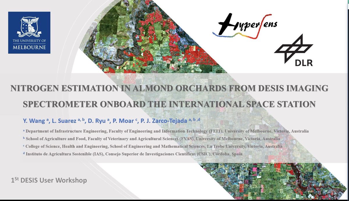 Anne Wang 🌱 (@happy99yueyue) on Twitter photo Such a great opportunity to learn and present our work with <a href="/ZarcoTejada/">Pablo J. Zarco-Tejada</a> <a href="/LolaSuarezRS/">Lola Suarez</a> <a href="/Ryu_Dongryeol/">Dongryeol Ryu</a> <a href="/HyperSensLab/">HyperSens Lab</a> <a href="/MRIC_CEO/">Mallee Regional Innovation Centre (MRIC)</a> <a href="/UoM_Water/">Environmental Hydrology and Water Resources Group</a> and Peter Moar at the <a href="/DLR_en/">DLR - English</a> 1st DESIS User Workshop! Thanks all for your interests and the comments from <a href="/KatjaBerger9/">Katja Berger</a> ! Such a great opportunity to learn and present our work with <a href="/ZarcoTejada/">Pablo J. Zarco-Tejada</a> <a href="/LolaSuarezRS/">Lola Suarez</a> <a href="/Ryu_Dongryeol/">Dongryeol Ryu</a> <a href="/HyperSensLab/">HyperSens Lab</a> <a href="/MRIC_CEO/">Mallee Regional Innovation Centre (MRIC)</a> <a href="/UoM_Water/">Environmental Hydrology and Water Resources Group</a> and Peter Moar at the <a href="/DLR_en/">DLR - English</a> 1st DESIS User Workshop! Thanks all for your interests and the comments from <a href="/KatjaBerger9/">Katja Berger</a> !