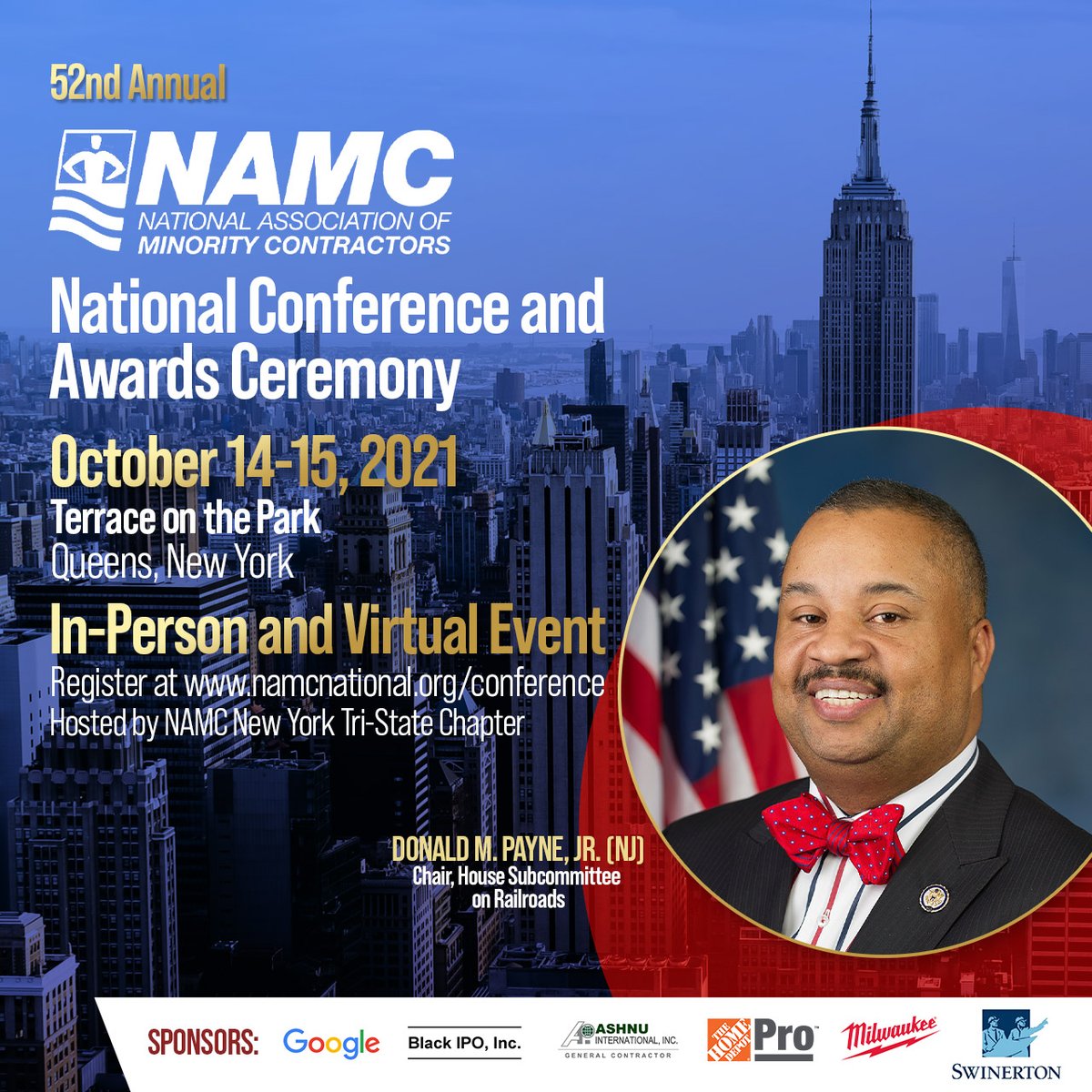 Cong. Donald M. Payne Jr. to give a keynote address at #NAMC52. The hybrid conference brings together corporate, government, ports authority, and aviation leaders to share about what's next in opportunities for minority contractors. Register now at namcnational.org/conference.