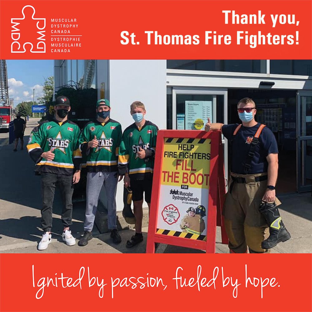Thank you to <a href="/StThomasFire/">St. Thomas Fire</a> <a href="/STPFFA_L447/">St Thomas PFFA</a> for hosting a #FillTheBoot in support <a href="/MD_Canada/">Muscular Dystrophy Canada</a> on September 11 &amp; 12! Together with the help of the <a href="/StThomasStars/">St. Thomas Stars</a>, they raised an incredible $6442 in support of individuals affected by neuromuscular disorders and their families!