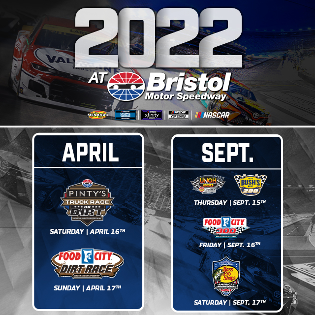 The full 2022 NASCAR schedule is here!

April Tickets: https://t.co/n6OHgtFMKK
September Tickets: https://t.co/A7hMHBW4I8
More info: https://t.co/JzNURx3UT5

#ItsBristolBaby #NASCAR https://t.co/1mPtBjG0uD