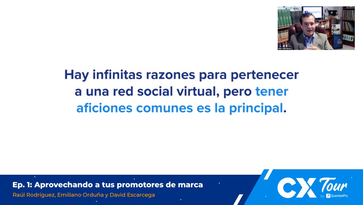 questionpro_es's tweet photo. La gente quiere pertenecer a un grupo y de eso se tratan las Comunidades Virtuales. En el estreno de la 2ª temporada de #CXTour, Raúl Rodríguez nos recuerda la importancia de los intereses y aficiones comunes en la construcción de una Comunidad exitosa. https://t.co/n97ZLiLRyT