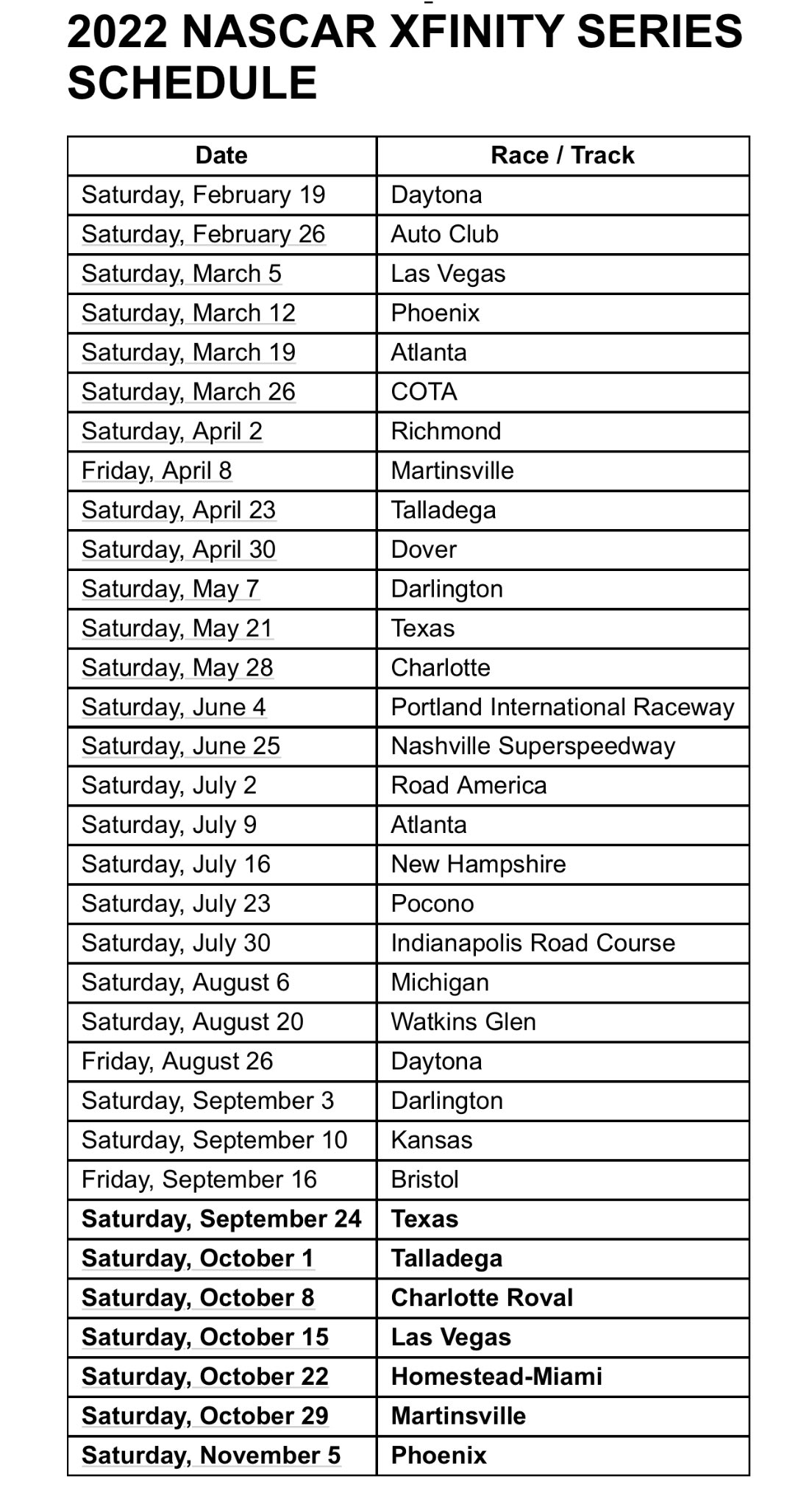 Kansas Schedule S 2022 Bob Pockrass On Twitter: "2022 Schedules For Xfinity And Trucks.  Https://T.co/Xihjmkgyxp" / Twitter