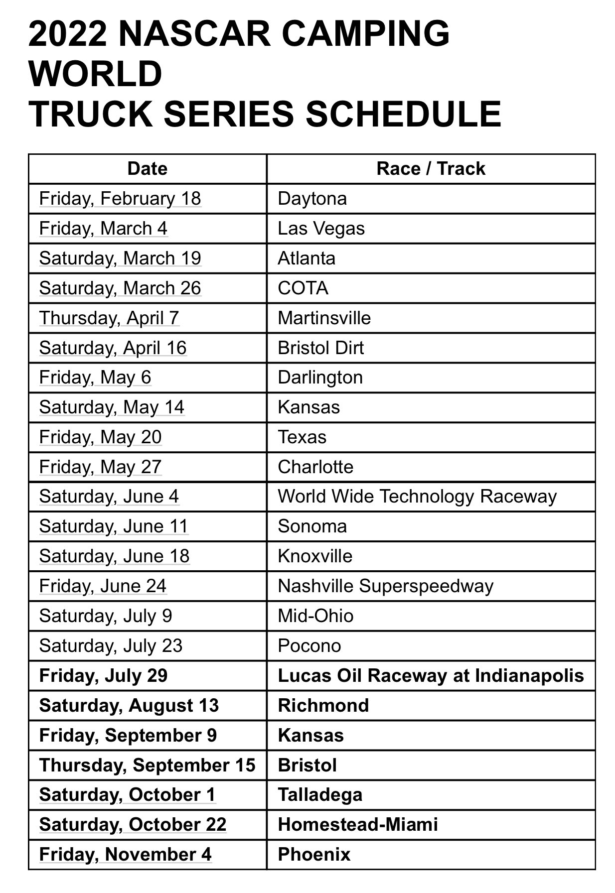 Kansas Schedule S 2022 Bob Pockrass On Twitter: "2022 Schedules For Xfinity And Trucks.  Https://T.co/Xihjmkgyxp" / Twitter