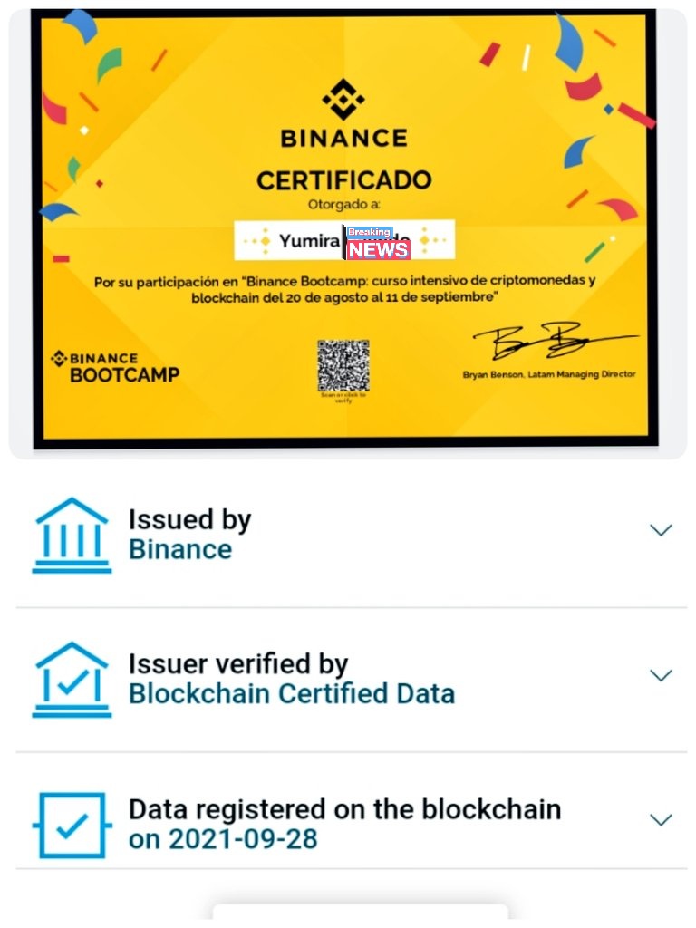 towisyuri's tweet photo. La emoción la recibir este certificado de parte del #BinanceBootcamp es enorme. No sólo por ser un certificado y por el aprendizaje que nos compartieron, sino por el hecho de ser mi primer certificado registrado en el #Blockchain! 🥳🥳 #crypto #HaciendoHistoria #Tecnología https://t.co/rpqcR3Jiif