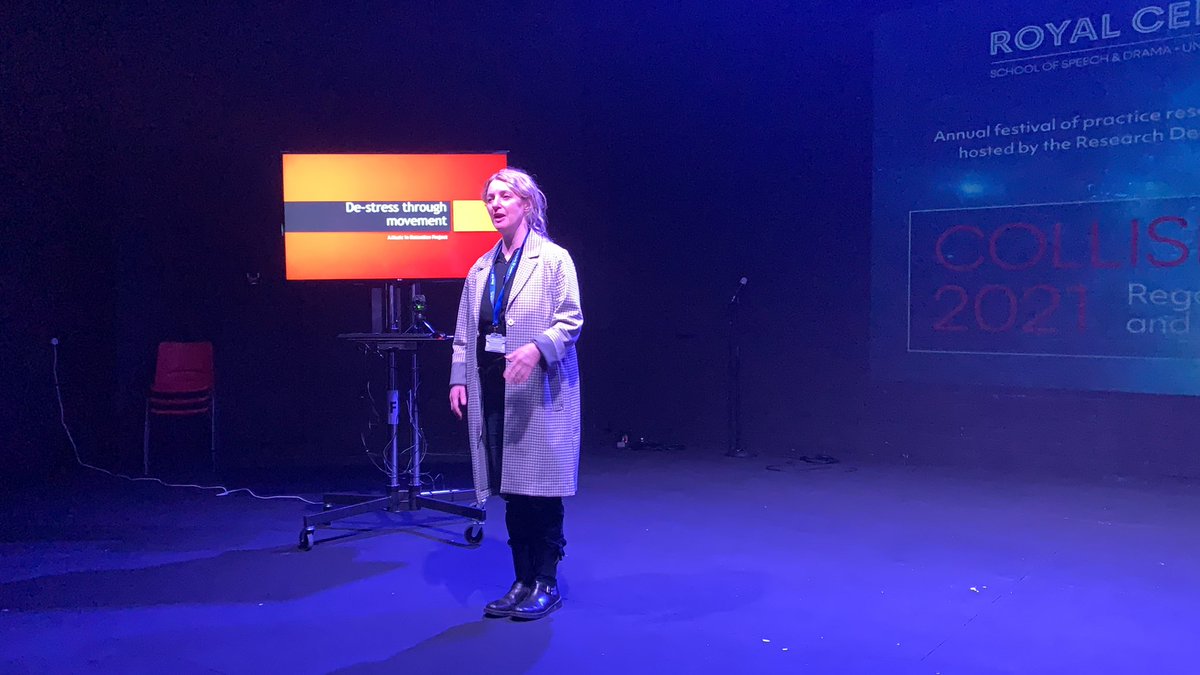 CollisionsRCSSD's tweet photo. Next we’re hearing from @janemunroDANCE, a @CSSD_Research faculty member. She’s presenting, “De-stress Through Movement: a music in detention project” https://t.co/N1UmNfAxfr