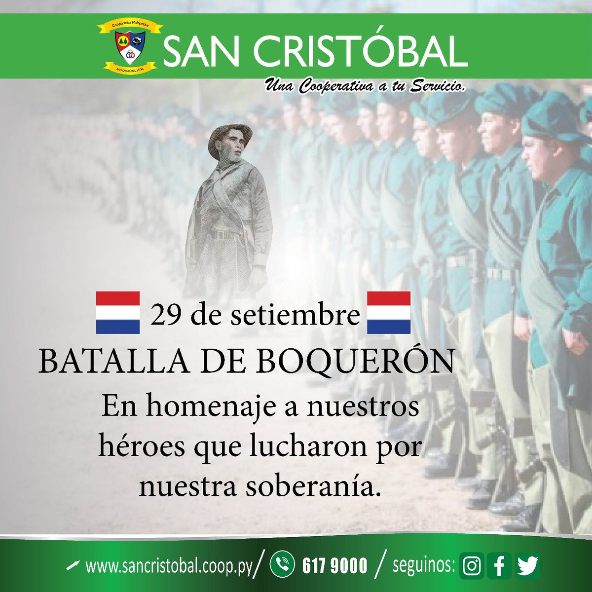 coosancristobal's tweet photo. 29 de septiembre
Victoria en la Batalla de Boquerón.
Gratitud eterna por su coraje y valentía a los Soldados Paraguayos, Héroes de la Patria.
#BatallaDeBoqueron https://t.co/H6dGtvGiMn