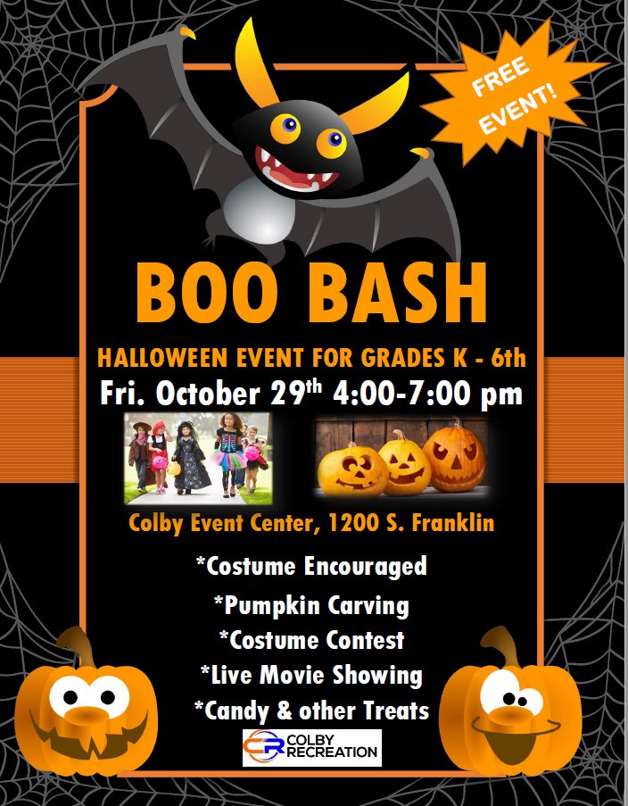 We are hosting our second annual "Boo Bash" this Fall on Friday, October 29th from 4:00-7:00 at the new Event Center! This is a FREE EVENT for the public and includes pumpkin carving, games to win prizes, a live movie showing and more! A costume is strongly encouraged.