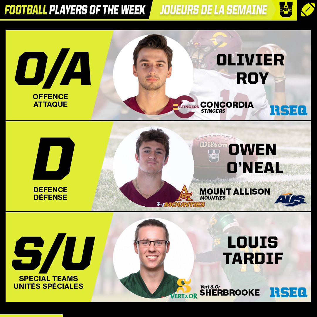 🏈Roy, O’Neal and Tardif named U SPORTS Football Players of the Week. Roy, O’Neal et Tardif sont les joueurs de la semaine du football de U SPORTS.

#ChaseTheGlory | #ViserHaut

🔗EN: bit.ly/3kRIaA3 🔗FR: bit.ly/3F4KDPu