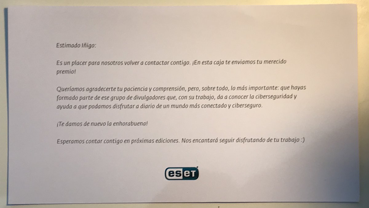 inigoladronm's tweet photo. Una vez más gracia a @ESET_ES @ESET por premiarme con el honor de ser finalista en los "IV Premios de #Periodismo y #Divulgación en #Ciberseguridad" (Blogs) https://t.co/G6l8DtJ0PQ. 👍👏😜 #ESET #ESETEspaña #Ontinet #privacidad #ingenieríasocial #ciberfraude #ciberestafa #malware https://t.co/pH0HrCW8gR