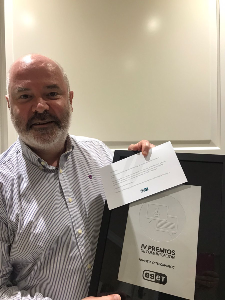 inigoladronm's tweet photo. Una vez más gracia a @ESET_ES @ESET por premiarme con el honor de ser finalista en los "IV Premios de #Periodismo y #Divulgación en #Ciberseguridad" (Blogs) https://t.co/G6l8DtJ0PQ. 👍👏😜 #ESET #ESETEspaña #Ontinet #privacidad #ingenieríasocial #ciberfraude #ciberestafa #malware https://t.co/pH0HrCW8gR