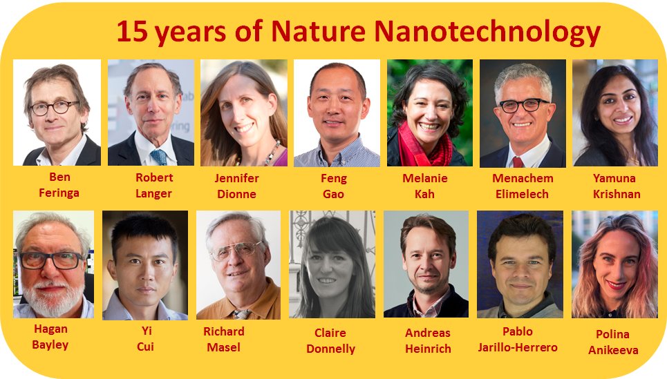 15 years of Nature Nanotechnology, photo of speakers, Ben Feringa, Robert Langer, Jennifer Dionne, Feng Gao, Melanie Kah, Menachem Elimelech, yamuna Krishnan, Hagan Bayley, Yu Cui, Richard Masel, Claire Donnelly, Andreas Heinrich, Pablo Jarillo-Herrero, Polina Anikeeva