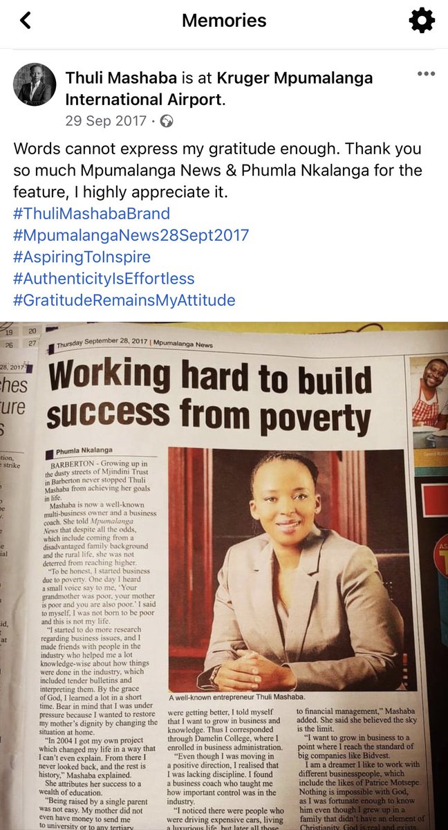 thuli_mashaba's tweet photo. #OnThisDay
Gratitude remains my attitude. Thank you Phumla Nkalanga & Mpumalanga News for this feature.
#TMBrand #Branding #BrandUnderConstruction #BrandingByAssociation #Entrepreneurship #SuccessMindset #WCWednesday #FacebookMemories https://t.co/swG4DQgiJi