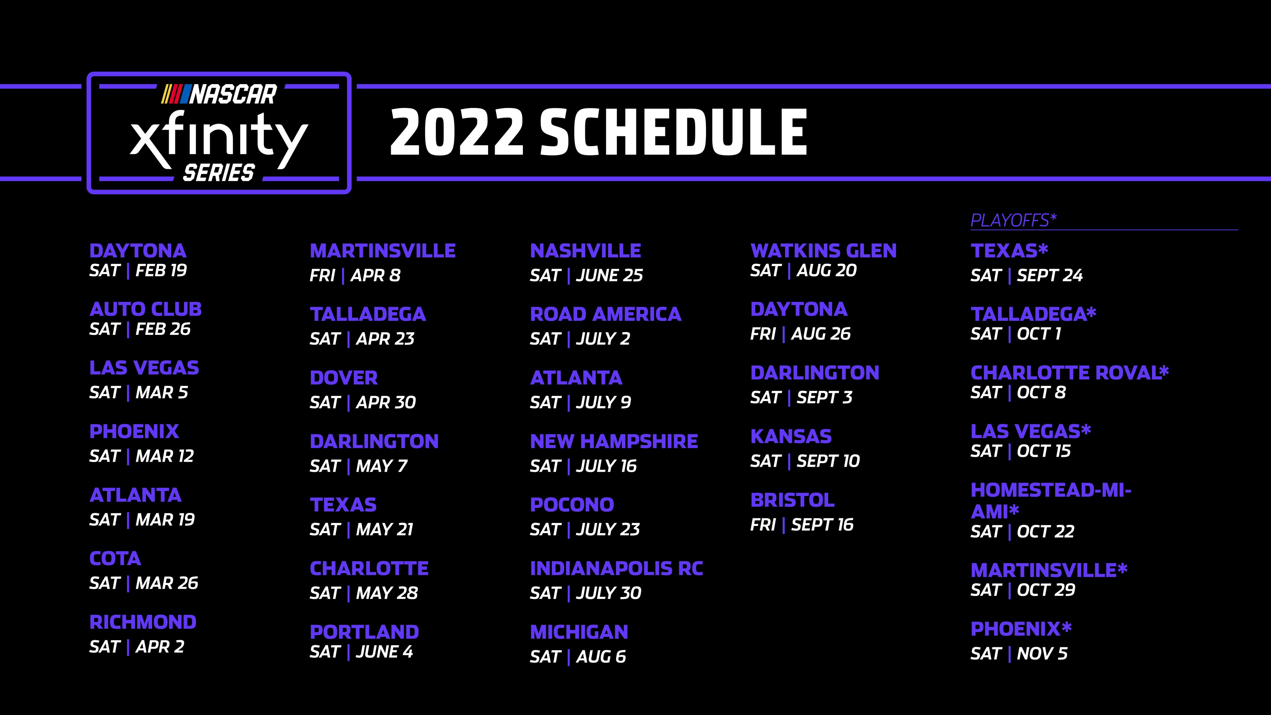 Xfinity Race Schedule 2022 Nascar Xfinity On Twitter: "This Is Going To Be Fun! The 2022 Nascar  #Xfinityseries Schedule Is Here. Https://T.co/Gg1Qsenace" / Twitter