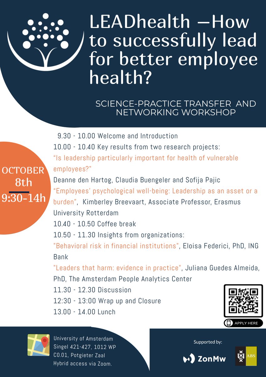 Interested to know how to lead for better employee well-being? Join our LEADhealth workshop on October, 8th at University of Amsterdam or via Zoom! More information and registrations lnkd.in/d62qhzuV  leadhealthresearch.com
#leadership #workplacewellbeing #employeehealth