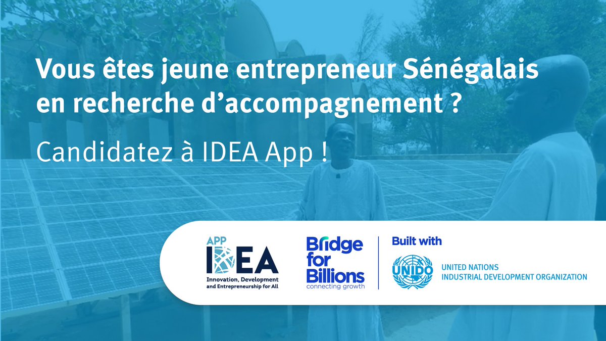 d4eteam's tweet image. Êtes-vous un jeune entrepreneur sénégalais en recherche d’accompagnement ? 

Inscrivez-vous dans le programme IDEA App créé par l’ONUDI et Bridge for Billions.

Candidatez avant le 1er octobre sur bit.ly/IDEASenegalE

@Bridge4Billions