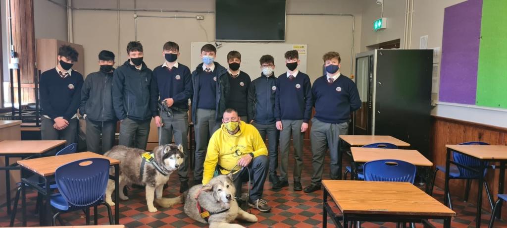 thesemkillarney's tweet photo. Transition year students Group C today had a visit from Maurice, a key worker at Sera Husky Rescue Centre today.  Also visiting were two of their beautiful residents - Drifter and Hattie.  Achieving a broader understanding of pet ownership is central to their work. https://t.co/xVRLsewPKM