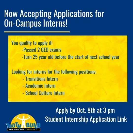 YouthBuildPCS's tweet photo. Accepting Applications for On-campus Interns! If interested in applying, please complete the application by Oct. 8th via this link https://t.co/fczZXRPayy https://t.co/zbQYN6vlNO
