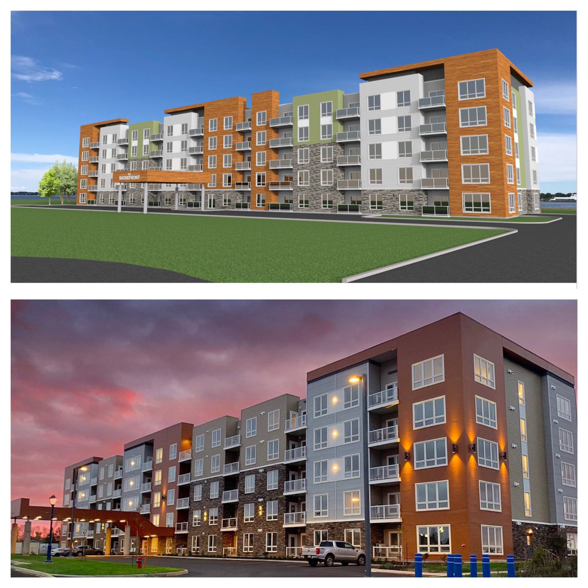 APM1980's tweet photo. Architectural rendering vs. Actual building - The Shorefront in Stratford, P.E.I.
This beautiful building is another great project completed by our APM Design Build Team @APM1980 @APMSells
We’re proud to live here and we’re proud of what we build here!
#movingforward #TimforMayor https://t.co/i6J6DgdkoW