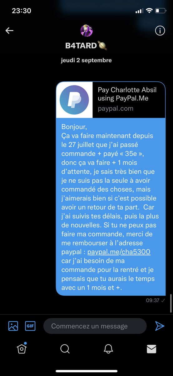 Cha5300's tweet photo. @B4TARD Possible de répondre dm, ça va faire 2 mois que j’ai payé un montant assez important pour une commande, 1 mois que j’aurais du recevoir, et plus de nouvelles depuis 1 mois 🤷🏽‍♀️ Je t’ai envoyé des messages sur insta, ou tu étais en ligne etc mais 0 retour. https://t.co/BsxkM0ON4x