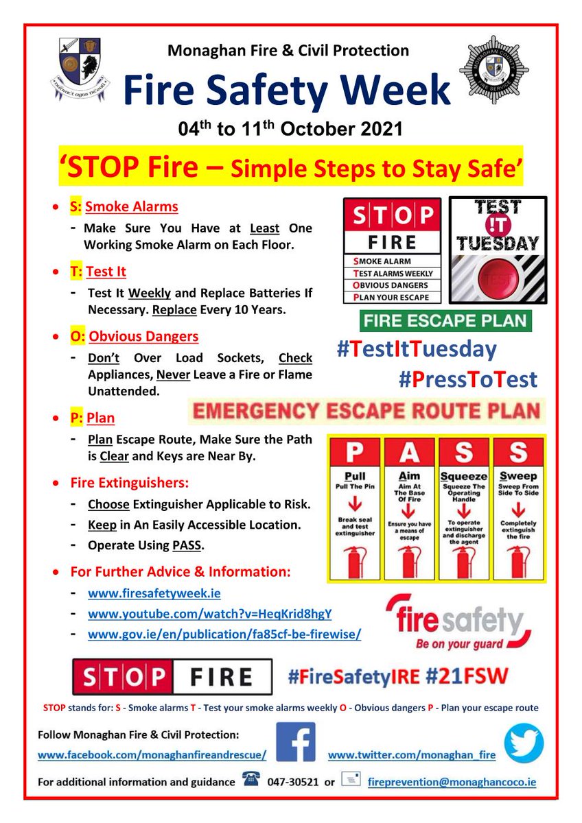 monaghan_fire's tweet photo. STOP stands for: S - Smoke alarms, T - Test your smoke alarms weekly, O - Obvious dangers, P - Plan your escape route. Follow these simple steps to stay safe
#FireSafetyIRE #21FSW #SmokeAlarmsSaveLives #STOPfire https://t.co/079WQamSou