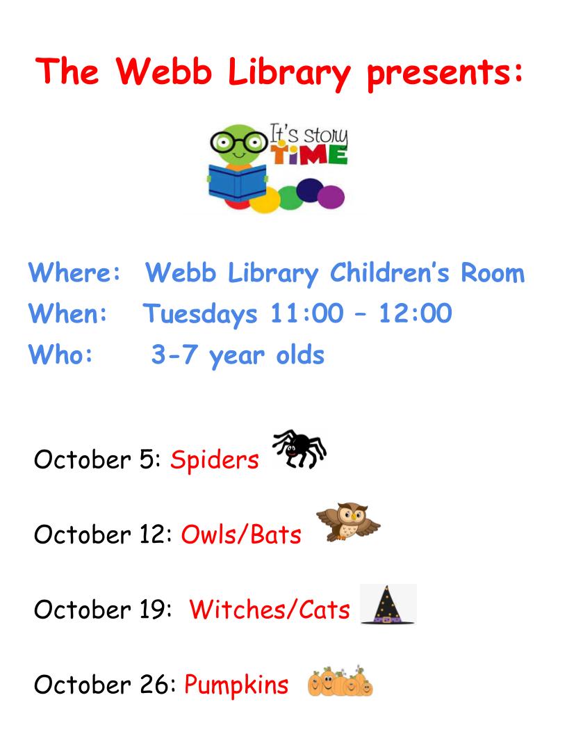 MCWebbLibrary's tweet photo. Join us for some Spooky stories and activities at the Webb Library in October.  We have also added a new Seasonal Card activity on Wednesdays at 1. https://t.co/ICJEakfGyT