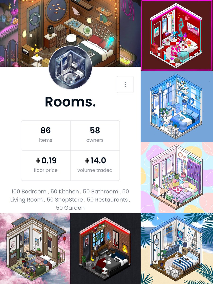 "Rooms." Volume trade is now 14.0 ETH🔥 Big thanks for every support! and Bedroom set is 14 rooms left from now ! Check out here ❤️ opensea.io/collection/the… ❤️