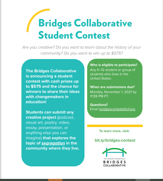 D11Equity4All's tweet photo. @CSSD11 Students, we have an opportunity for you through our partnership w/ the Bridges Collaborative.  There chance for you to win CASH money to express your ideas creatively to education policymakers.  Check out the flyer!  #D11Equity4All #D11Equity #4Equity https://t.co/ZIyUNRM2aY