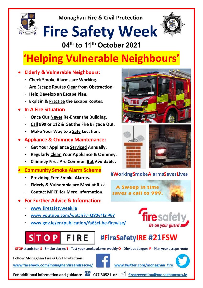 monaghan_fire's tweet photo. Help vulnerable neighbors stay fire safe and plan an escape route. Fire safety leaflets can be downloaded from our website. 
#FireSafetyIRE #21FSW #SmokeAlarmsSaveLives #STOPfire
https://t.co/X7BQFcPoaB https://t.co/dQsU2ztELv