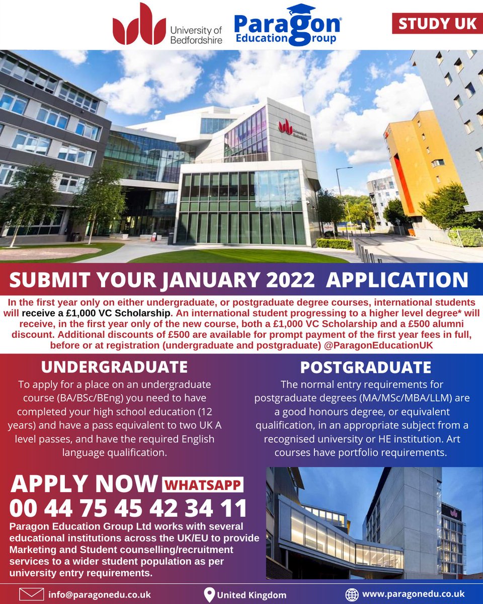 ParagonEduUK's tweet photo. The 𝗨𝗻𝗶𝘃𝗲𝗿𝘀𝗶𝘁𝘆 𝗼𝗳 𝗕𝗲𝗱𝗳𝗼𝗿𝗱𝘀𝗵𝗶𝗿𝗲 has a specific fee structure for international students depending on the level of study. To make a direct application to the university connect with one of our team who can help with your application @ParagonEduUK. #Share https://t.co/kHpJpk92Mi