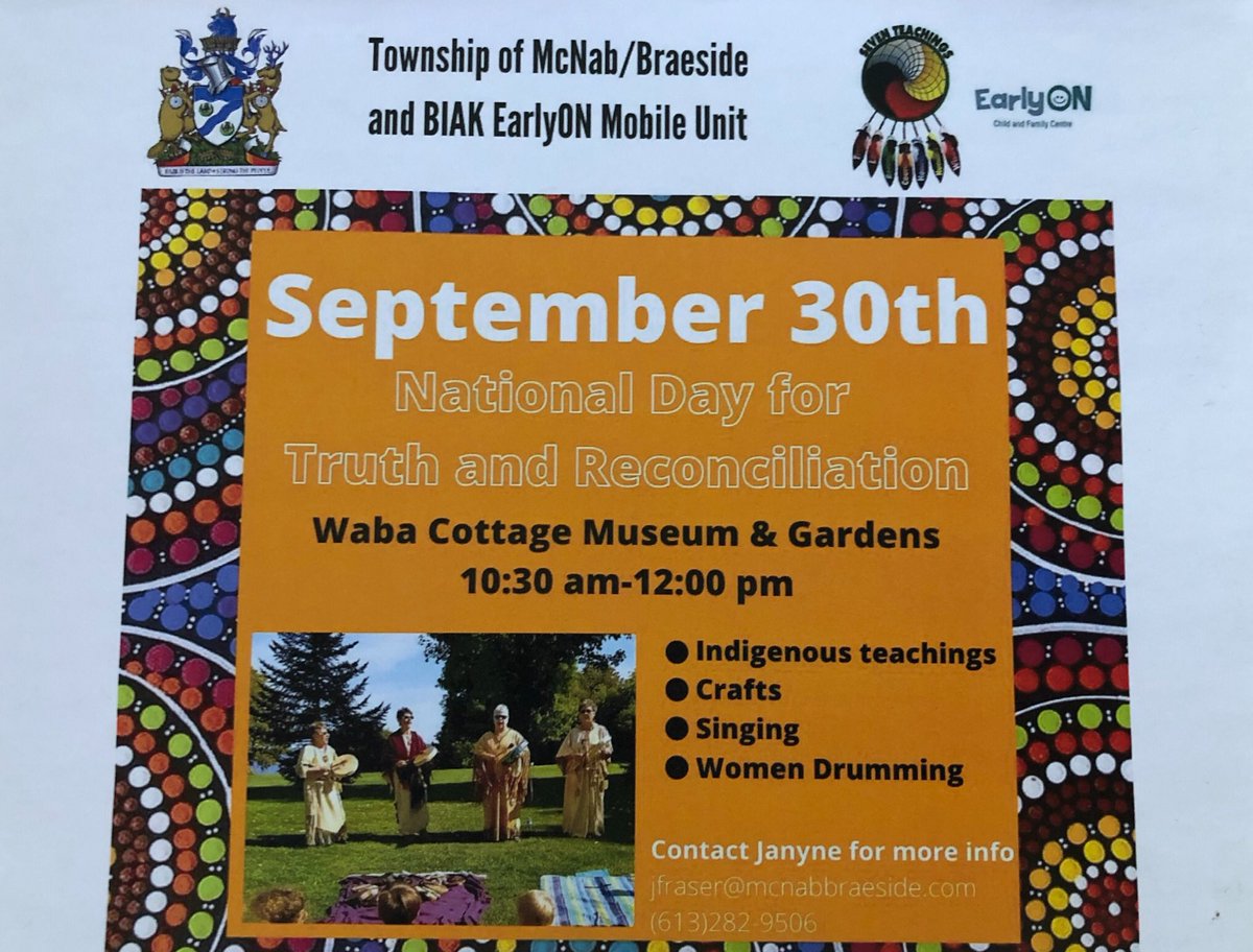 MBTRec's tweet image. Acknowledging  a special day tomorrow in McNab/Braeside at 10:30am.  Event’s free &amp;amp; open to public.  Appropriate health protocol in place for our beautiful outdoor setting at Waba Cottage Museum &amp;amp; Gardens in White Lake #NationalDayforTruthandReconciliation
