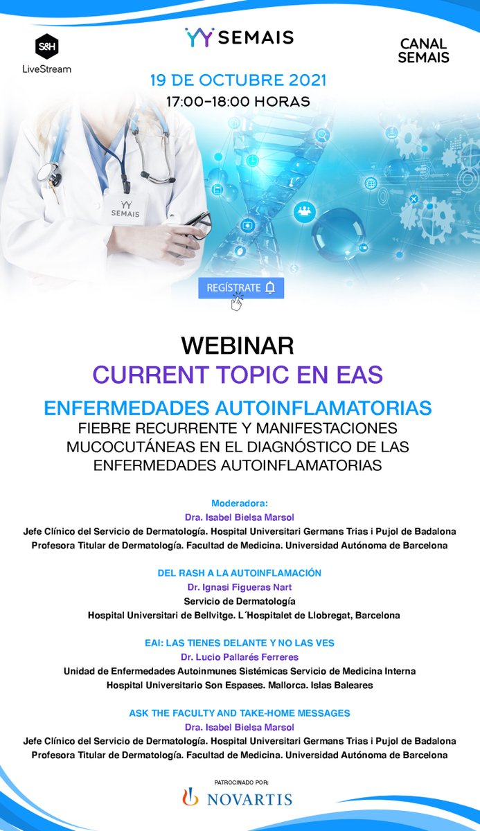 Actividades Científico-Formativas <a href="/SociedadSEMAIS/">Sociedad SEMAIS</a> “Current Topics en Enf Autoinflamatorias”. video promocional en: semais.es/current-topic-… 
Primer Webinar 19 Octubre “Fiebre y Lesiones Cutáneas"
<a href="/UMAS_SONESPASES/">UMASHUSE</a> <a href="/ResidentesSEMI/">Residentes y Jóvenes Internistas de la SEMI</a> <a href="/Sociedad_SEMI/">Sociedad Española de Medicina Interna (SEMI)</a>