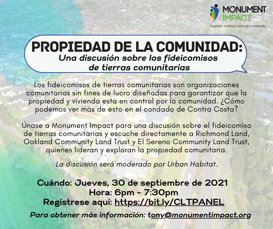 MonumentImpact's tweet photo. Join us on THURSDAY 9/30 from 6 - 7:30 p.m. for an insightful discussion on community land trusts. Hear from @_RichmondLAND, @oakclt, and @land_elsereno, who are exploring opportunities for community ownership in the Bay Area. Register on Zoom here: https://t.co/XZW4TdrEl1 https://t.co/sJp58UxcE9
