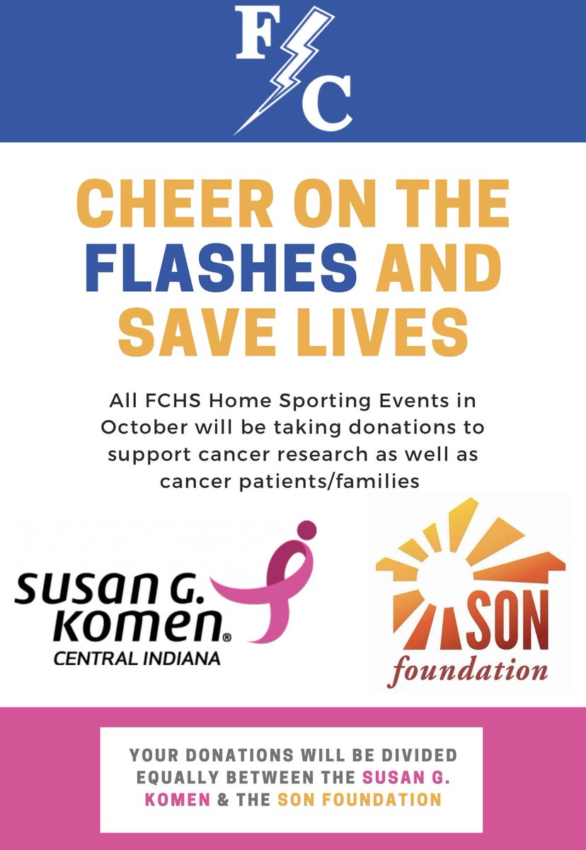 FCFlashes's tweet photo. Join us in supporting @SusanGKomen and @sonfoundation at all Flashes Athletic events during the month of October! Keep an eye out for the Pink donation buckets at the ticket gates and concession stands! #WeAreFlashes⚡️ @FTCSC @FCHSPrincipal @FCJHFlashes https://t.co/t5gpZQCcEs