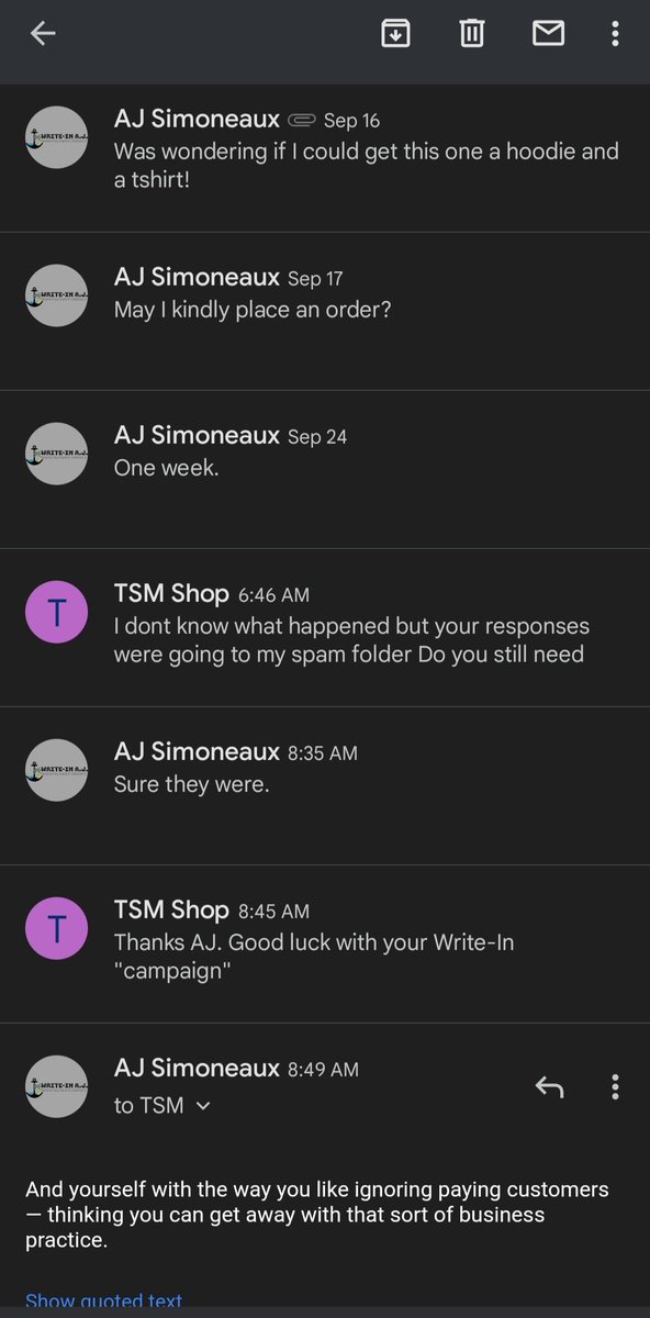 WhoDatAJ's tweet image. Seems like getting campaign shirts for a  Write-In campaign at TSM is as difficult as getting a wedding cake in some states. #tacomadeservesbetter #WriteInAJ @thenewstribune @cityclubtacoma @IndivisibleTac @allisonneedles