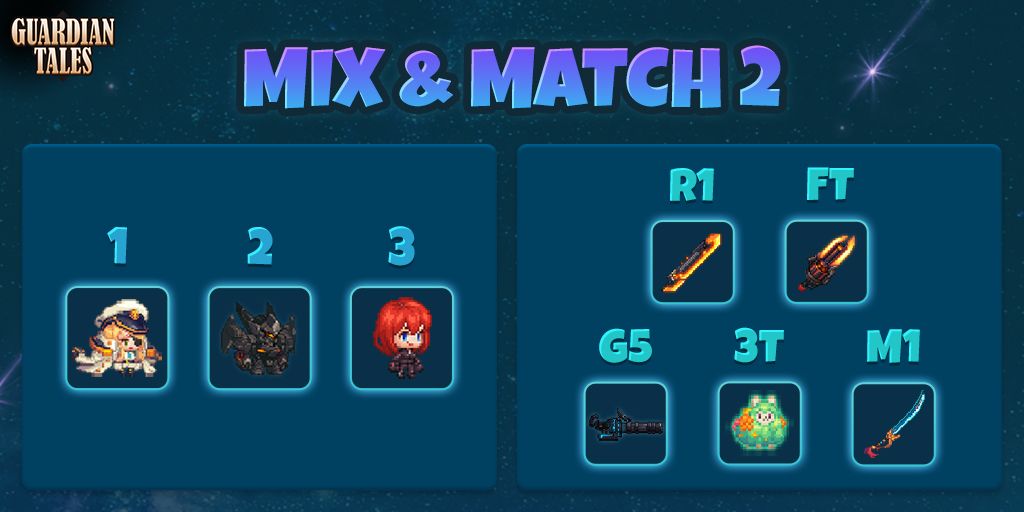 GuardianTalesEN's tweet image. Match the weapons to the right heroes to decipher today&apos;s coupon code! 🎟️ 

The number in front of each hero determines the position of the letters and numbers.

❗  Don&apos;t let yourself get fooled by the decoys!