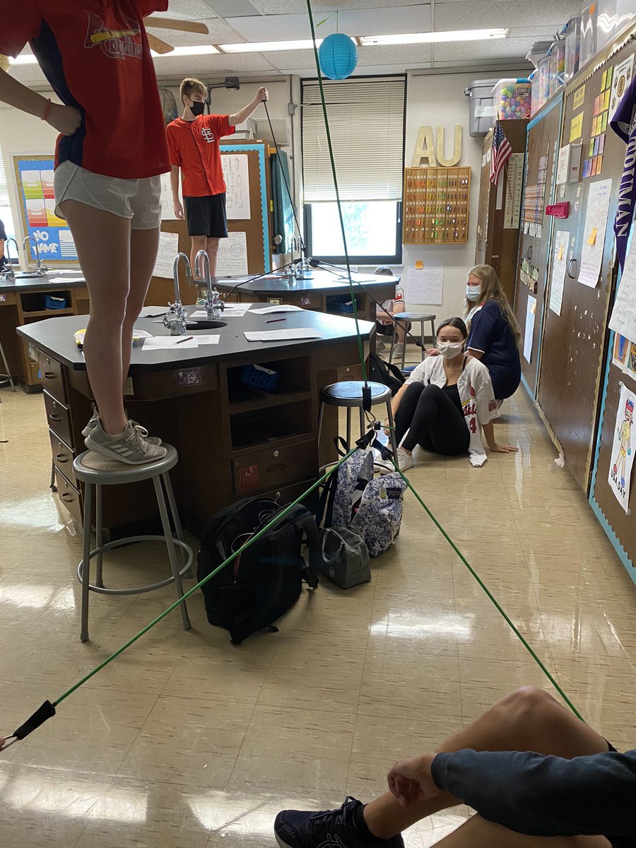OHSAPChem's tweet photo. Using resistance bands to investigate forces in molecules and how those forces affect polarity of the molecule.  Think next time we’ll move to a bigger space!  @OHS_Tigers #msdr9 #chemistry https://t.co/XUsUpp2jmt