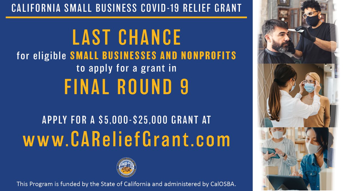 AcademyGOcom's tweet photo. 🚨Last chance for California SMALL BUSINESSES &amp; NONPROFITS to #applytoday for a #grant up to $25k.🚨

The online application is quick and easy!

The FINAL ROUND 9 closes tomorrow, 9/30

Apply today at https://t.co/xS3Er6Ta1a

#nonprofit #inlandempire #smallbusiness #CAReliefGrant https://t.co/wwpGCYdqlg