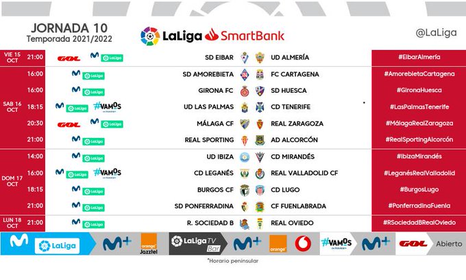 Horarios de la jornada 10 de LaLiga SmartBank.