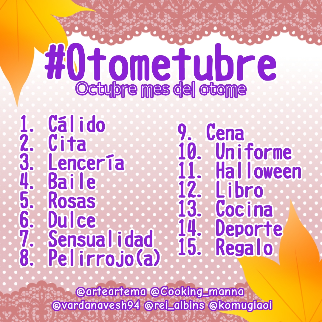 Cooking_Manna's tweet photo. Desvelamos al fin la LISTA OFICIAL DEL
🇪🇸 #OtomeTubre #OtomeTubre2021 / #OtomeTober #OtomeTober2021 🇬🇧
ESTÁIS INVITADOS
#Otome #OtomeGame #Otome2021 #2021Otome #VNdev #VisualNovel #IndieGamedevl #DatingSim #DatingSimulator #DrawTober #HalloweenChallenge #InkTober #InkTober2021 https://t.co/ExW0RjZtd9
